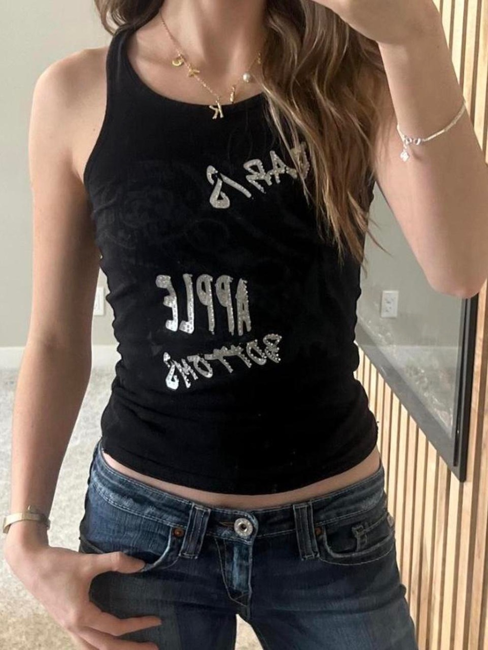 Apple Bottoms Black Sleeveless Rhinestone Graphic Tank